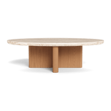 Victoria Teak Oval Stone Coffee Table | Teak Natural, Travertine Cream,