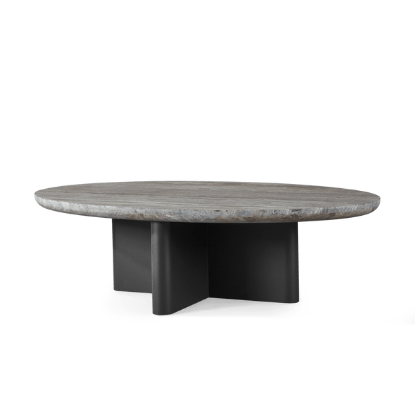 Victoria Oval Stone Coffee Table | Aluminum Asteroid, Travertine Dark Grey,