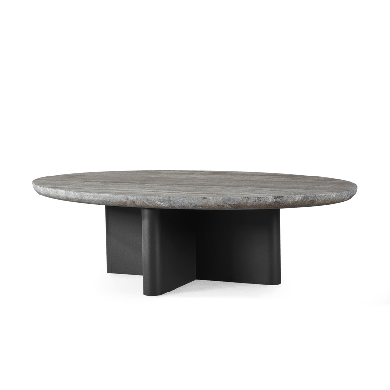 Victoria Oval Stone Coffee Table | Aluminum Asteroid, Travertine Dark Grey,