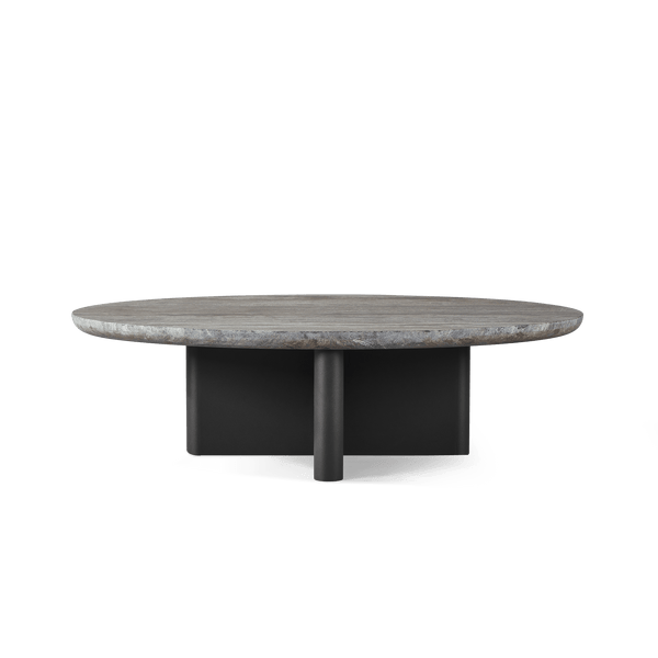 Victoria Oval Stone Coffee Table | Aluminum Asteroid, Travertine Dark Grey,