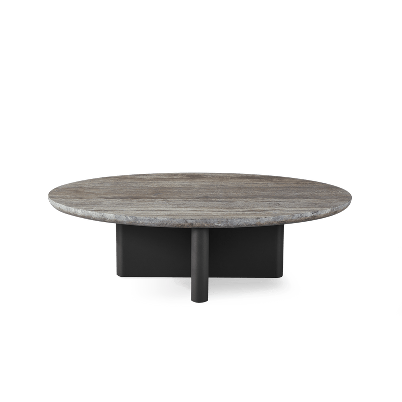 Victoria Oval Stone Coffee Table | Aluminum Asteroid, Travertine Dark Grey,