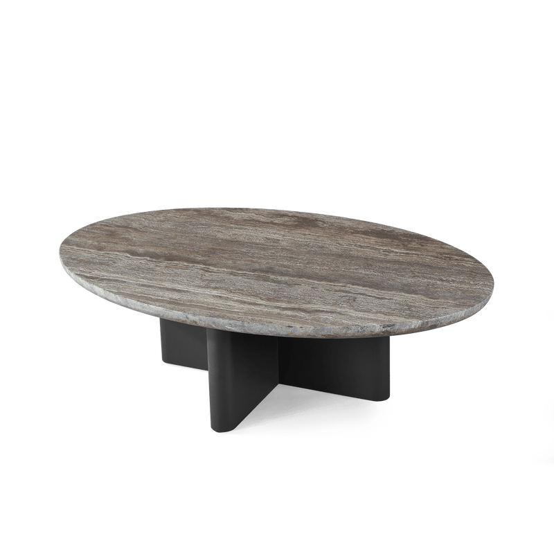 Victoria Oval Stone Coffee Table | Aluminum Asteroid, Travertine Dark Grey,