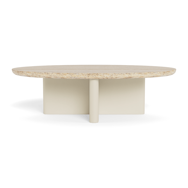 Victoria Oval Stone Coffee Table | Aluminum Bone, Travertine Natural,