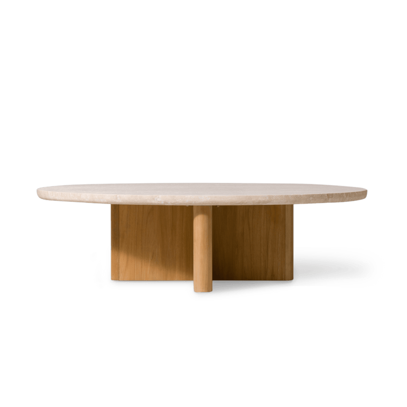 Victoria Teak Oval Stone Coffee Table | Teak Natural, Travertine Cream,