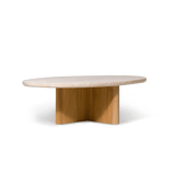 Victoria Teak Oval Stone Coffee Table | Teak Natural, Travertine Cream,