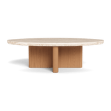 Victoria Teak Oval Stone Coffee Table | Teak Natural, Travertine Cream,