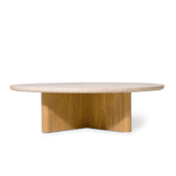 Victoria Teak Round Stone Coffee Table | Teak Natural, Travertine Cream,