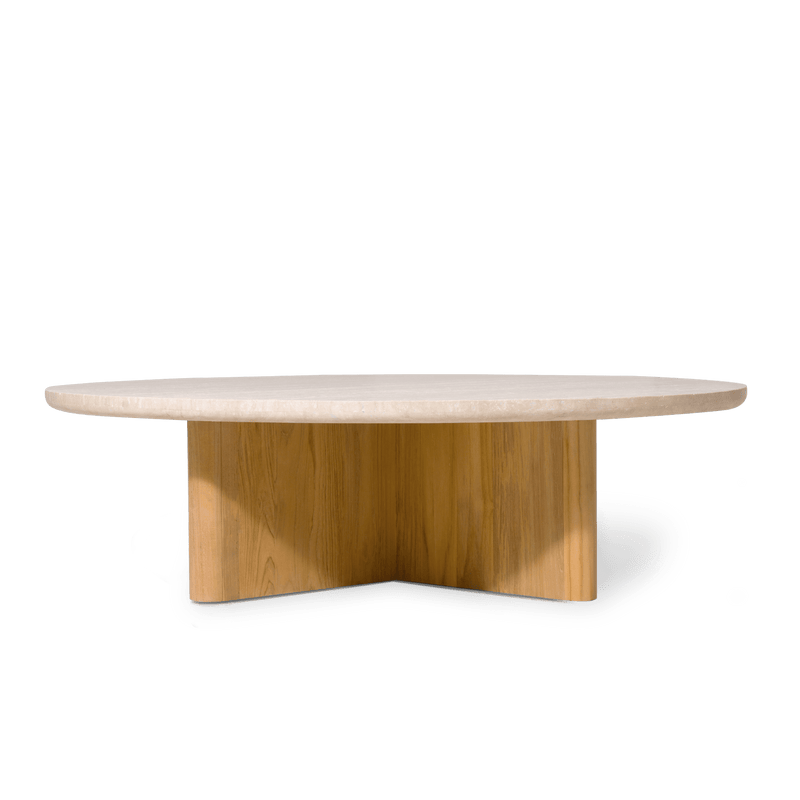 Victoria Teak Round Stone Coffee Table | Teak Natural, Travertine Cream,