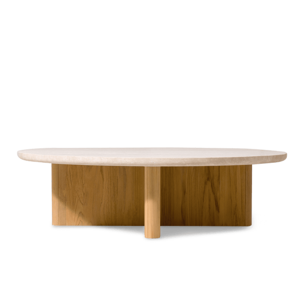 Victoria Teak Round Stone Coffee Table | Teak Natural, Travertine Cream,