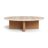 Victoria Teak Round Stone Coffee Table | Teak Natural, Travertine Cream,